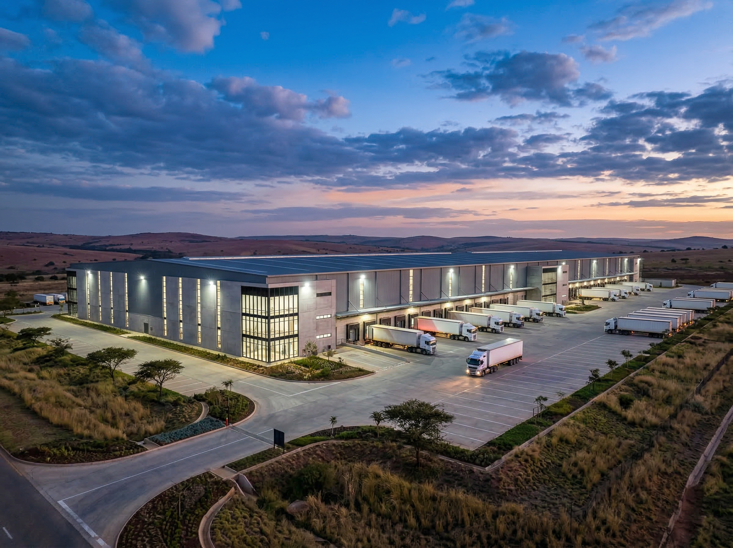 GET Logistics warehouse distribution center with loading docks at dusk